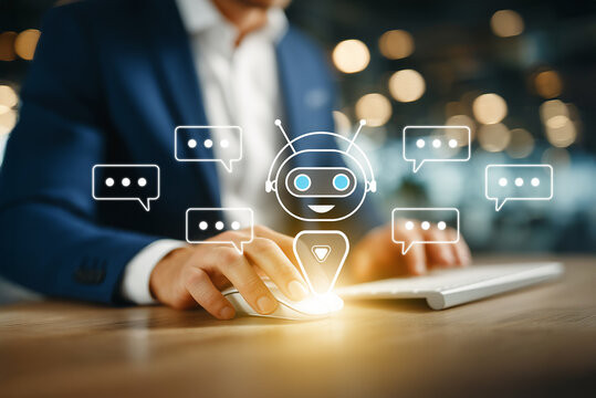 AI assistant technology, Businessman using a computer mouse with a virtual chatbot assistant and speech bubbles, representing customer service automation and AI communication. generative ai