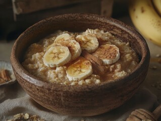 A cozy bowl of oatmeal with cinnamon, honey, and sliced bananas, served in a rustic ceramic bowl