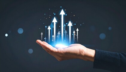 Growth visualization of an arrow growing above a hand, floating in a three-dimensional line