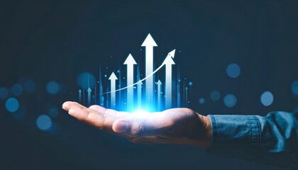 Growth visualization of an arrow growing above a hand, floating in a three-dimensional line
