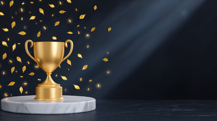 Golden trophy placed on marble base with golden leaves scattered around. Dark background enhances the celebratory mood. Concept for awards, recognition, event planning