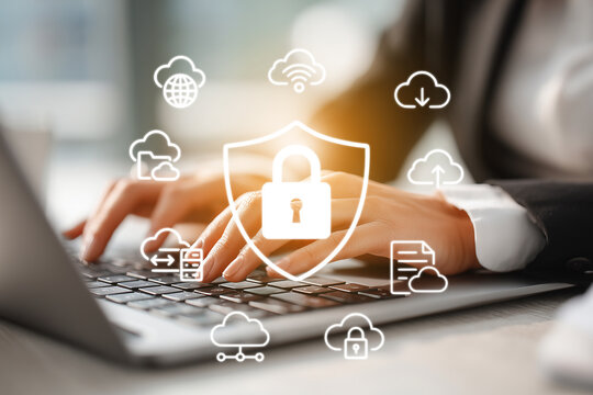 Businesswoman using laptop with cloud service for secure document management and file transfer, featuring digital lock icons and data protection interface. generative ai