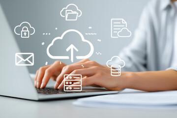 Hands typing on laptop with cloud upload and data security icons. Concept of cloud computing, online data storage, digital document management, and secure file sharing. generative ai