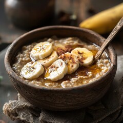 A cozy bowl of oatmeal with cinnamon, honey, and sliced bananas, served in a rustic ceramic bowl