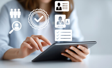Woman using digital tablet with virtual HR and recruitment icons. Concept of candidate selection, online human resource management, and digital hiring process. generative ai