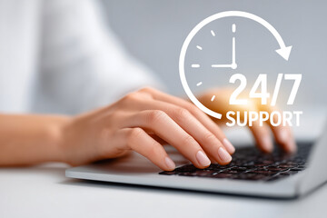 24-7 technical support concept, Close-up of hands typing on laptop keyboard. Concept of customer service, technical assistance, and round-the-clock helpdesk. generative ai