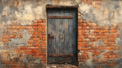Naklejka premium Realistic Grungy Wooden Door on Aged Brick Wall Texture Illustration