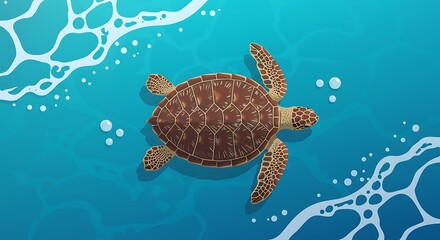 Fototapeta premium A sea turtle swims in blue ocean water, surrounded by white waves and bubbles.