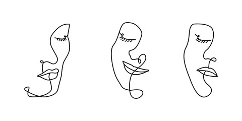 Single line hand drawn young woman portrait female beauty, minimalistic beautiful girl face. Dynamic continuous one line graphic vector design with liquid, fluid shapes. Faces collection, fashion set
