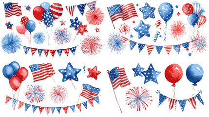 Watercolor illustration of 4th of July elements including flags, balloons, fireworks, and bunting, ideal for patriotic designs and national celebration content.

