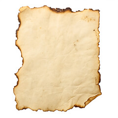 A single piece of old, aged paper with burnt and scorched edges isolated on a transparent background png