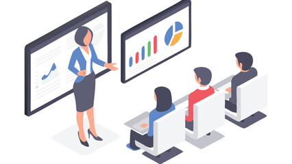 Woman presenting data charts to an audience in a meeting or classroom environment setting illustration