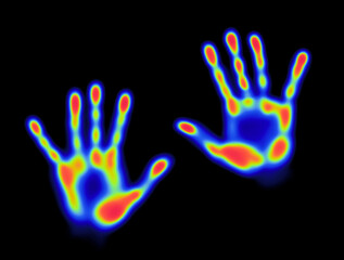 Thermal Handprint on black. Heat neon.