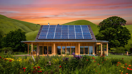 Sustainable Living: Solar Panels Powering a Modern Home at Sunset