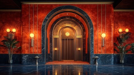 Ornate Art Deco Lobby with Marble Accents and Gold Elevator Door