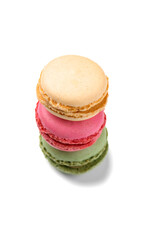 Macarons, stack of colorful macaroons, assortment, vibrant pink, yellow, green, brown French pastries creamy fillings, macaroon isolated on white background, gourmet dessert, vertical design 