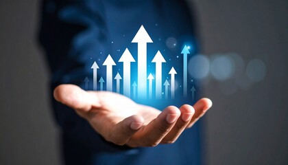 Growth visualization of an arrow growing above a hand, floating in a three-dimensional line