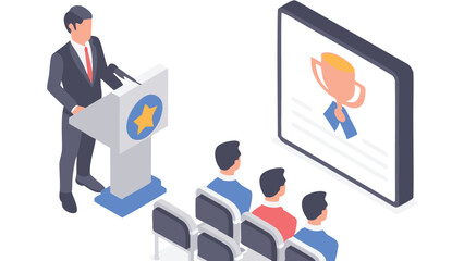 Man giving a presentation at a podium with audience and screen showing a trophy icon in the background