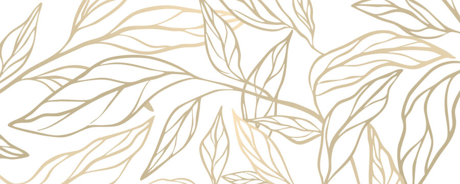 Elegant pattern with golden linear branches and leaves on white background