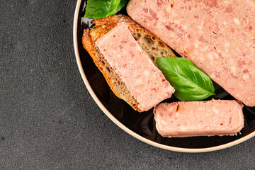 Pate meat peppers pork liver, pork meat riyet fresh delicious gourmet food background on the table rustic food top view copy space