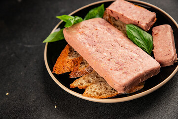 Pate meat peppers pork liver, pork meat riyet fresh delicious gourmet food background on the table rustic food top view copy space