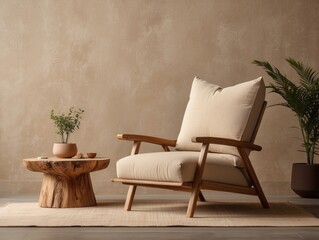 Fabric lounge chair and wood stump side table against beige stucco wall with copy space