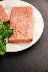 Pate meat peppers pork liver, pork meat riyet fresh delicious gourmet food background on the table rustic food top view copy space