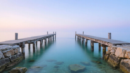 Two wooden piers extending into calm turquoise water at dawn with pastel sky