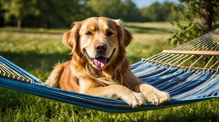 Golden retriever dog relaxes in a blue striped hammock on a sunny day in a grassy yard