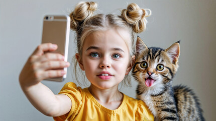 Adorable young girl taking selfie with cute tabby kitten using smartphone - child and pet friendship moment captured in modern lifestyle photography