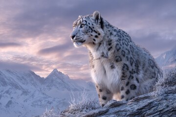 Fototapeta premium Snow leopard rests on rocky outcrop overlooking mountain range at dawn with dramatic sky colors and soft winter lighting