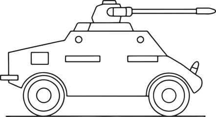 Armored vehicle side profile drawing in black and white line art