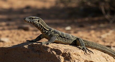 Obraz premium A monitor lizard basks in the sun on a rock, its patterned skin camouflaged against the arid earth.