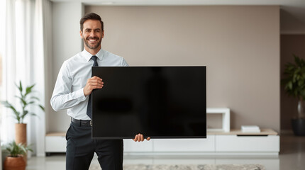 Professional businessman holding blank black screen TV display board for presentation in modern office interior space