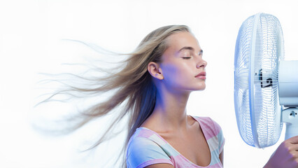 Young Woman Cooling Off with Electric Fan During Hot Weather, Feeling Relief from Summer Heat, Hair Flowing in the Wind