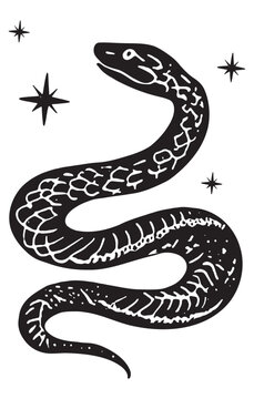 Celestial Mystical Lynocut Snake Vector Silhouette Illustration. Black and white hand drawn mystic snake. Esoteric design element. 