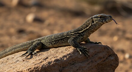 A large lizard with a forked tongue rests on a sun-baked rock, observing its surroundings.