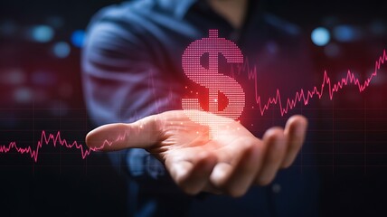Person holding a glowing digital dollar sign with a rising stock market graph overlay