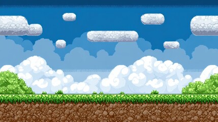 Pixel art landscape showing green grass, white clouds and blue sky