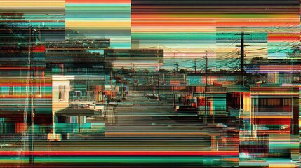 Suburban street showing digital distortion effect and glitch art