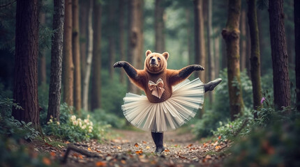 Bear in ballet tutu dancing in forest path surrounded by tall pine trees in mystical woodland setting