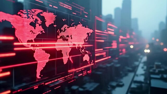 Futuristic cityscape with digital world map overlay, showcasing technology integration in urban life - Powered by Adobe