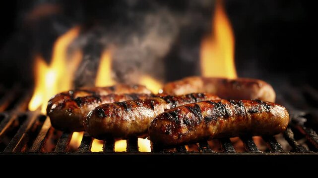 Grilled Sausages with Flames and Smoke on Outdoor Barbecue Grill