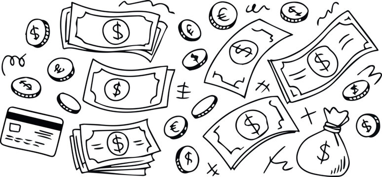Doodle finance elements vector illustration with money cash coins and credit card