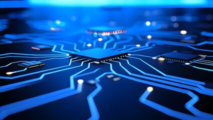 Fototapeta premium Futuristic glowing blue circuit board with microchips and data pathways