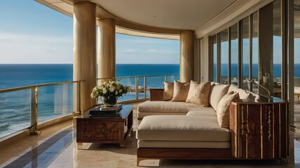 A luxurious balcony with ocean view featuring a sectional sofa and marble flooring in a modern apartment