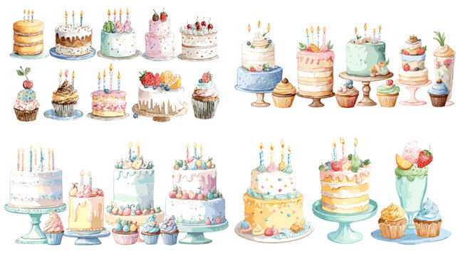 Delicious watercolor birthday cake and cupcake illustrations with candles and frosting, perfect for party invitations, menus, and festive designs.

