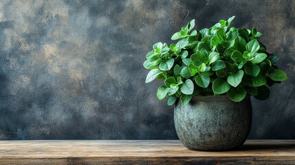 Potted plant placed on natural stone and wood surface, rustic interior styling concept for greenery and design