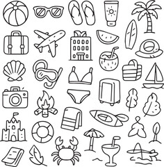 doodle icons set, Summer set of web icons in line style. Summer vacation icons for web and mobile app. Travel, beach, tourism, summer holidays, hotel, relax, beach, luggage, passport, sunglasses. EPS