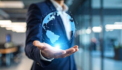 A scene in which a man raises his hand and a digital globe-shaped object rotates in his palm